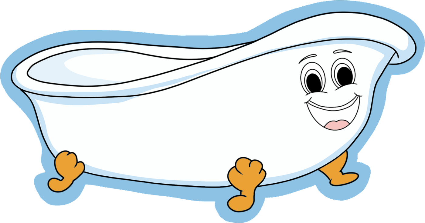 Bernie the Bath™ — a white claw-foot bathtub with big blue eyes, rosy cheeks and orange claw feet