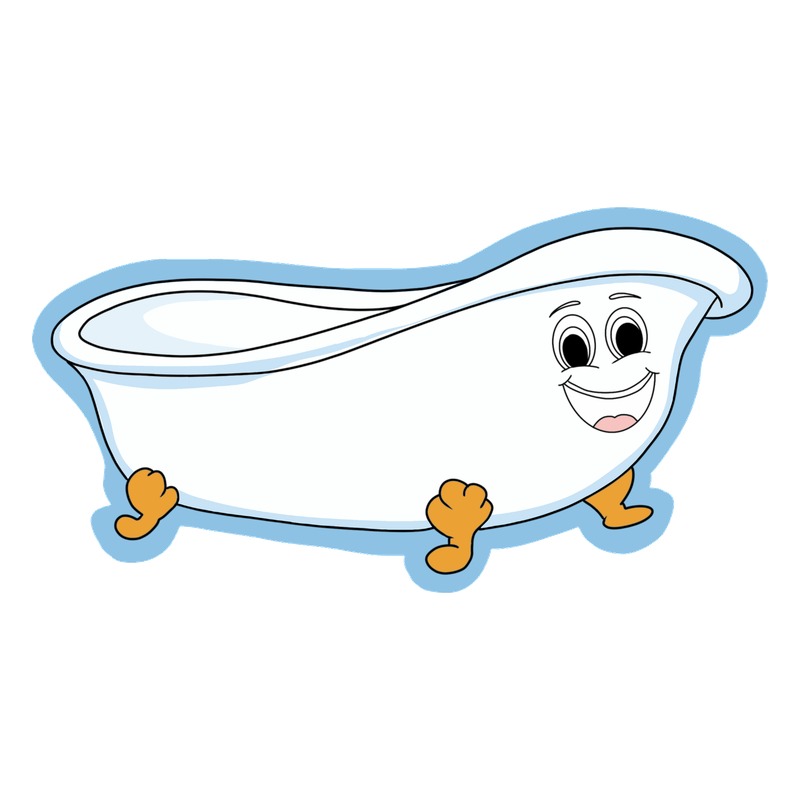 Bernie the Bath™ — a white claw-foot bathtub with a wistful face and orange claw feet